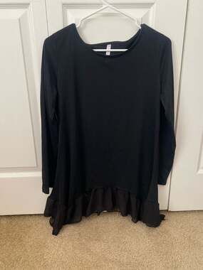 Fu. Gui. Xing Black Long Sleeve Tunic Top with Chiffon Ruffle Hem